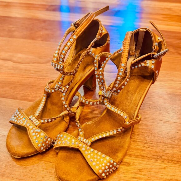 Gold Strappy Suede Bottom Salsa Dance Heels - Picture 3 of 3